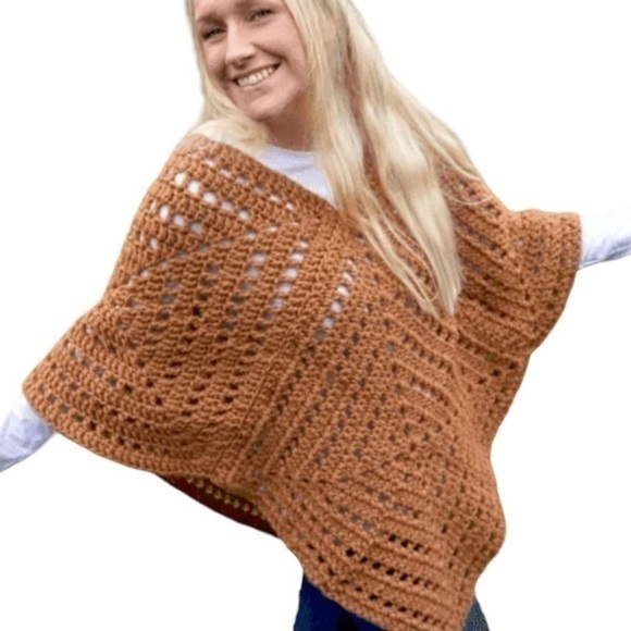 Sweaters - Brown Boho Crochet Knit Poncho w Belt